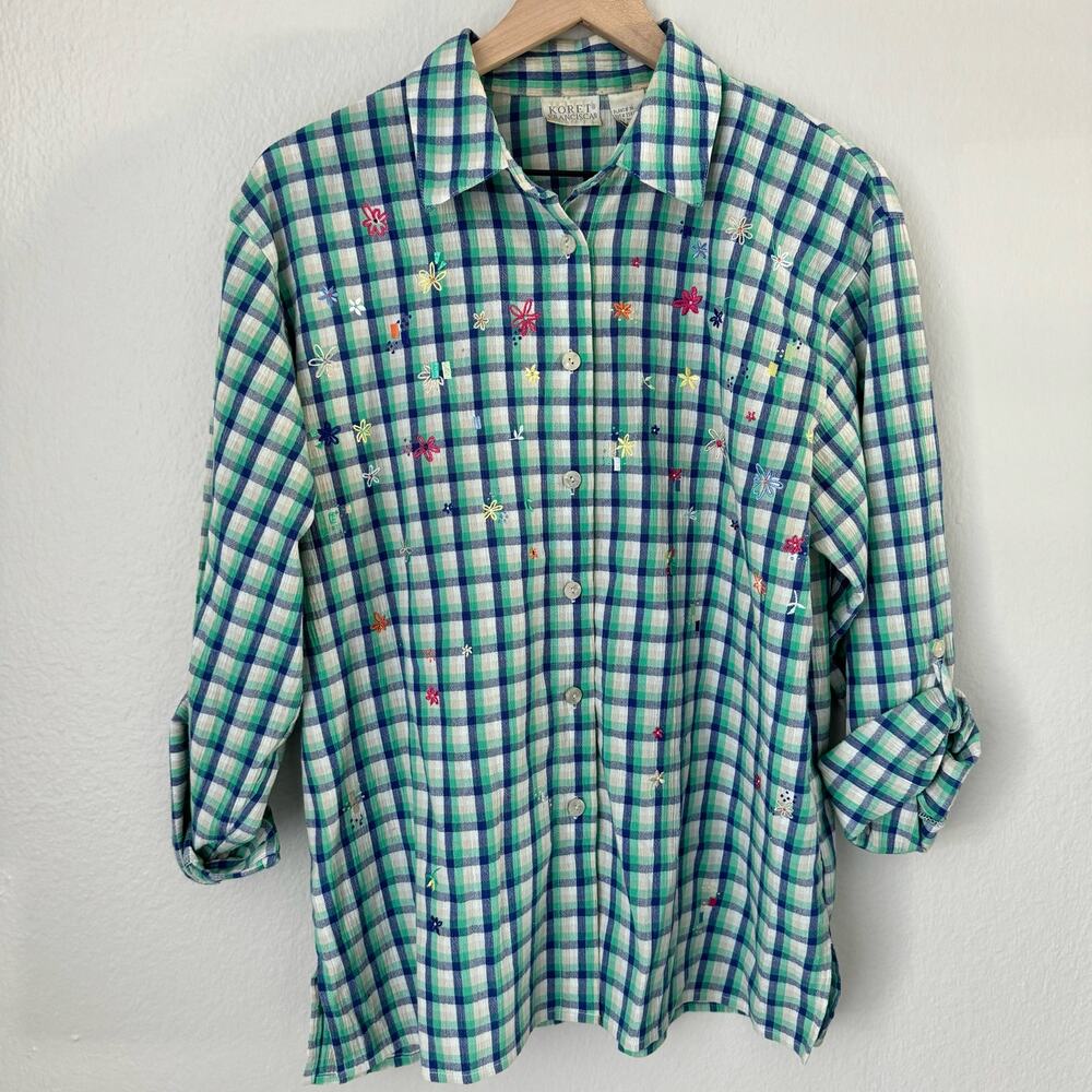 Vintage Koret Francisca Womens Green Plaid Shirt Embroidered Floral Size Medium